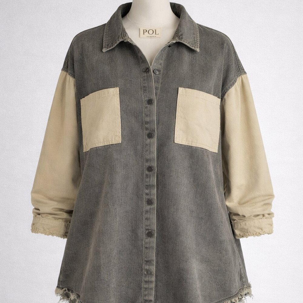 POL Oversized Cotton Patchwork Button Down Shacke… - image 1